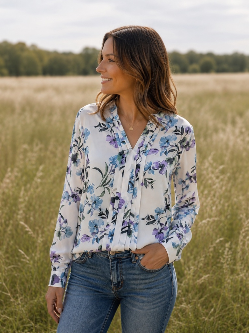 Calvin Klein Womens XL Ivory Floral Print Tie Neck Blouse Long Sleeve NWOT